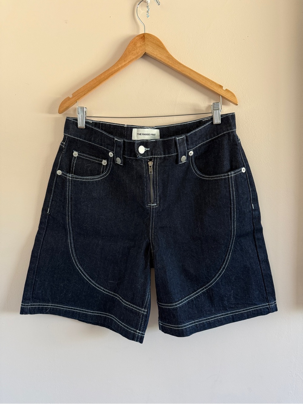 The Ragged Priest Dark Indigo Curved-Stitch Denim Shorts